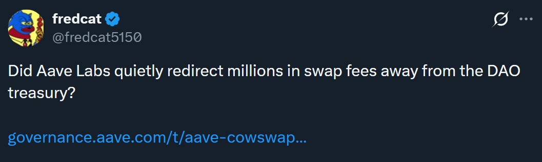 duonine's tweet image. The recent @aave drama is a warning to all DAOs.

Main dev and founder re-directed revenue to his own company called Aave Labs instead of AAVE token holders / DAO treasury. He did it without telling anyone.

He argues that they own the IP and website/front-end so they can do as…
