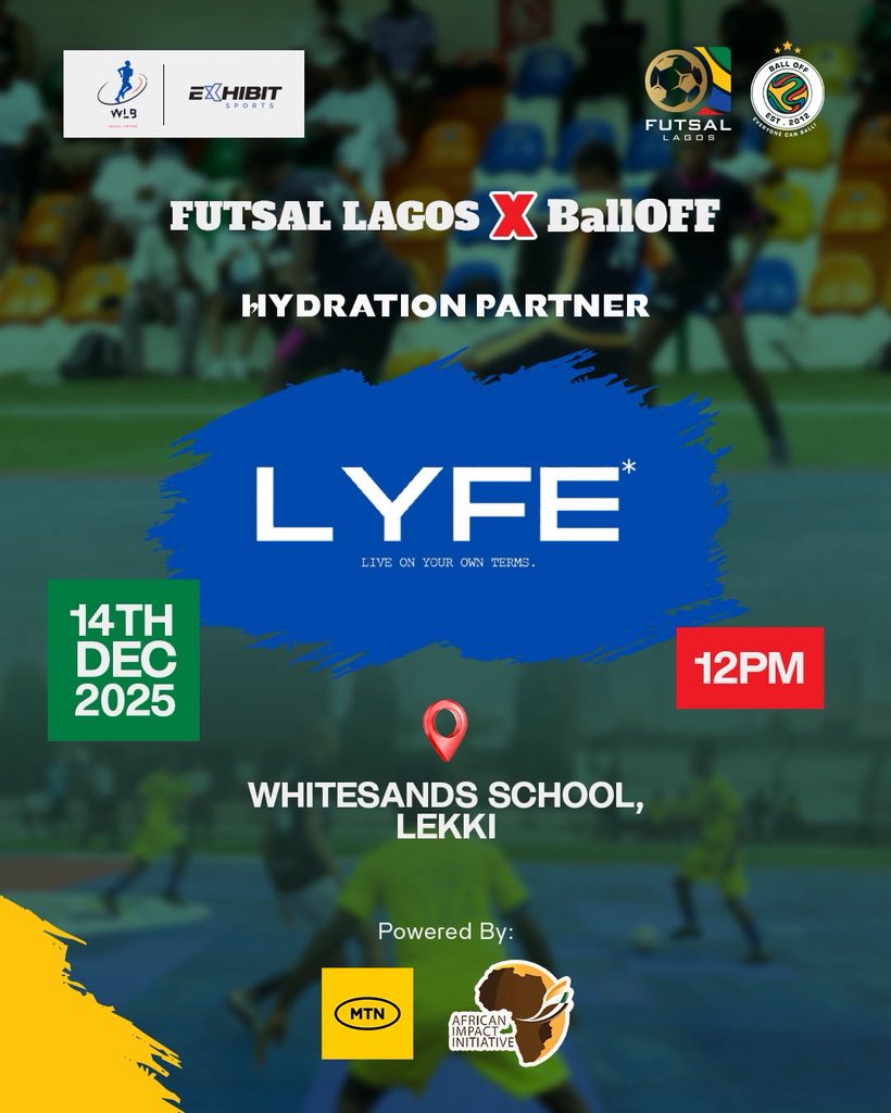 We’re thrilled to announce LYFE Premium Still Water as our official Hydration partner! <a href="/waterislyfe_/">waterislyfe</a> 
.
Get ready for an electrifying experience as we bring the heat to the court. Stay tuned for all the action! 🚀 #FutsalLagos
RSVP via the link in our bio!