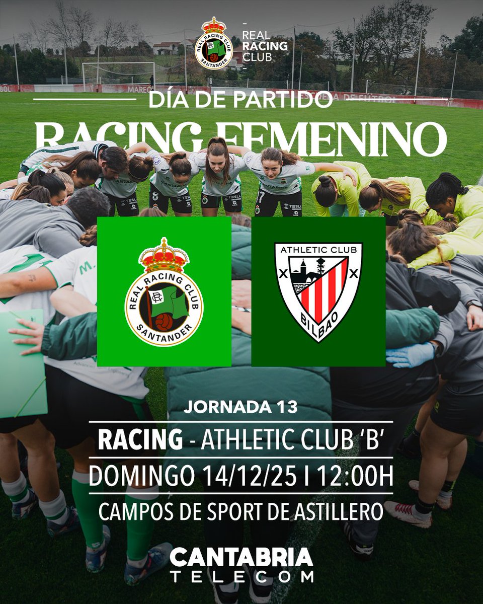 💚 ¡Buenos días, racinguistas!

🏡 El #RacingFem vuelve a casa para medirse al líder de su grupo en Segunda Federación Femenina

🆚 <a href="/AthleticClubFem/">Athletic Club</a> 'B'
⏰ 12:00 horas
🏟 Campos de Sport de Astillero

📺 Sigue el partido en directo en youtube.com/live/mxLVGyLt4…