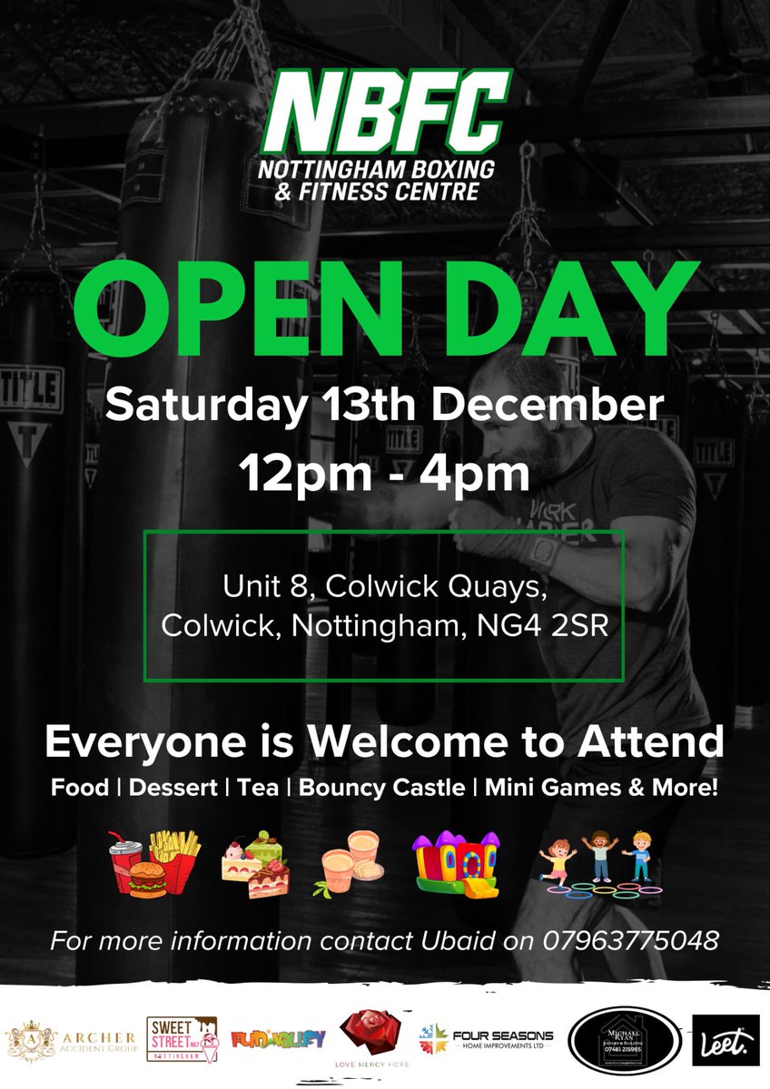 🥊 NBFC OPEN DAY Today 

Bring your family, friends and the little ones for a fun-packed day full of food, treats, games and more!

📍 Unit 8, Colwick Quays, Nottingham, NG4 2SR
📅 Saturday 13th December | ⏰ 12pm - 4pm

Free entry &amp; everyone is welcome! 🙌