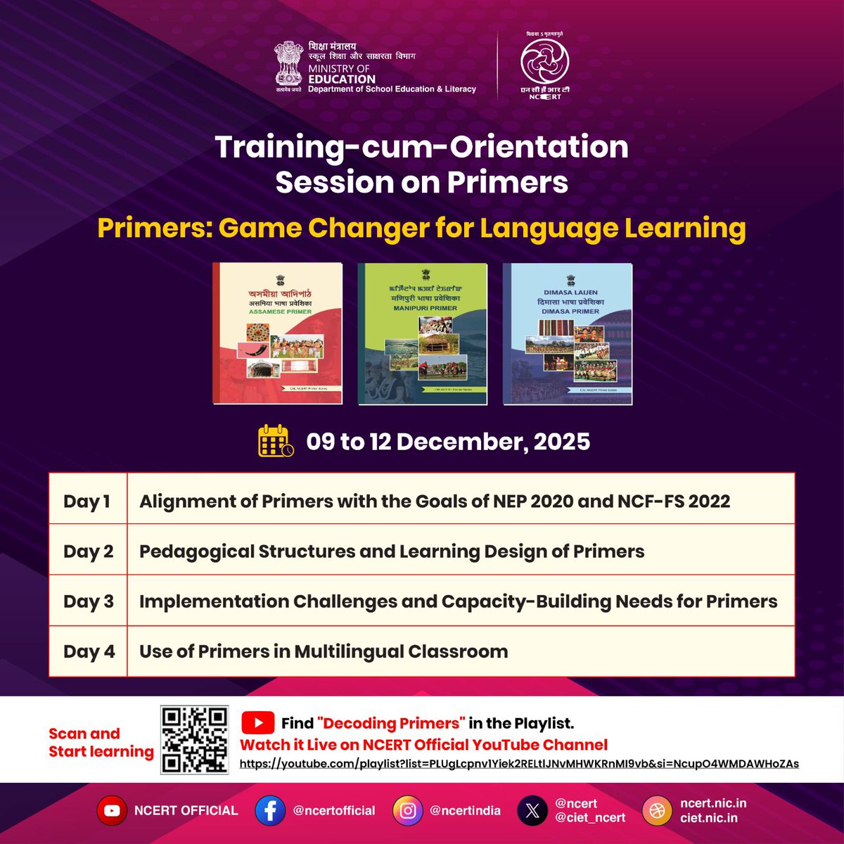 ncert's tweet photo. Videos from Session 01 to 04 are available here. Click here to watch.
https://t.co/UqUCCOa5Rp
https://t.co/Ej2LcNXRow
https://t.co/3A1sCyW78i
https://t.co/wuMOQcVEP7
#NCERT #CIIL #FLN #FoundationalLearning #IndianLanguages #MultilingualEducation #NEP2020 #NCFFS #MotherTongueBasedLearning #DIKSHA #EducationForAll