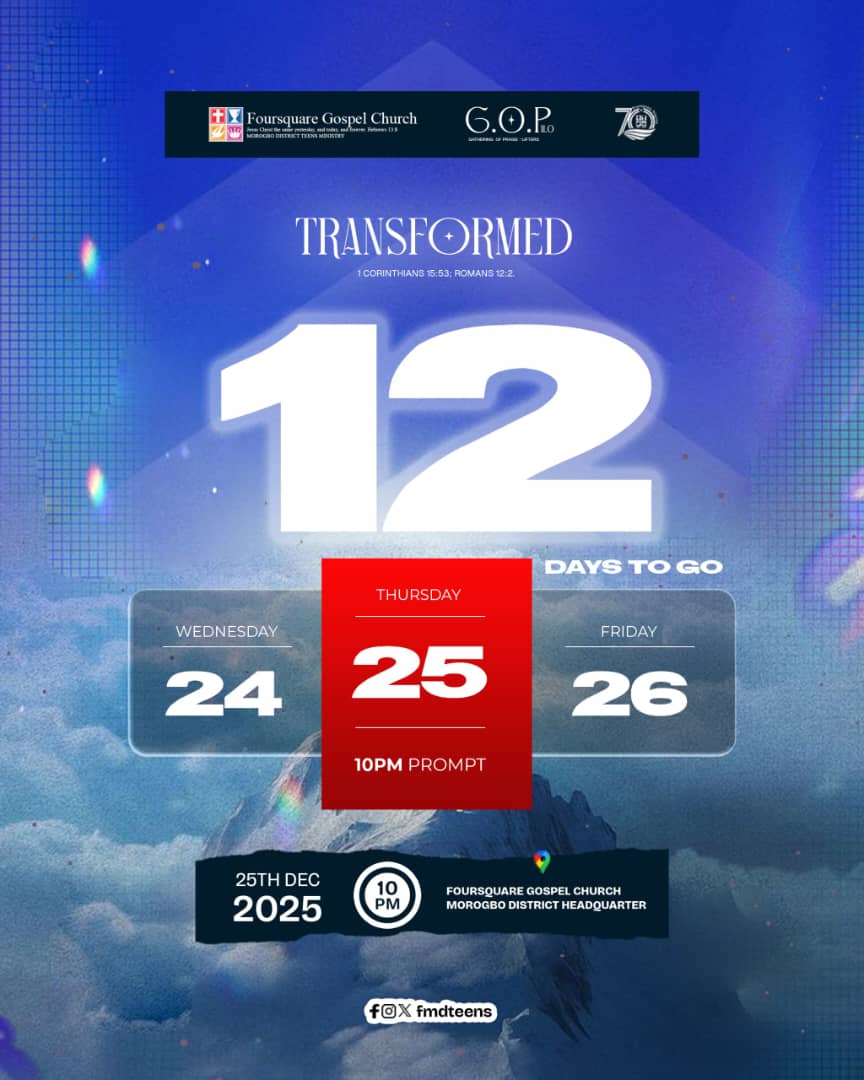 FMDteens's tweet photo. God will renew our strength, align our purpose, and shape us into who He has called us to be.

12 days to go!
Brace up!

#GOP11.0 #CityOfMorogbo #December2k25 #FMDTeens #countdown #Transformed #13daystogo #Braceup https://t.co/CgAijVOh15