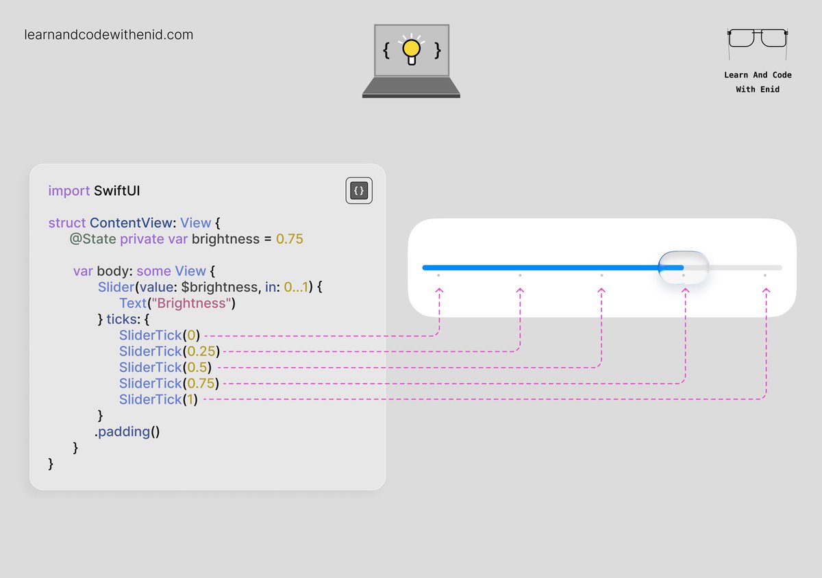 ios_dev_alb's tweet image. SwiftUI Tip 💡

In iOS 26+, you can add ticks to a Slider using the ticks parameter.

Perfect for things like brightness, volume, or progress levels.

→ learnandcodewithenid.com