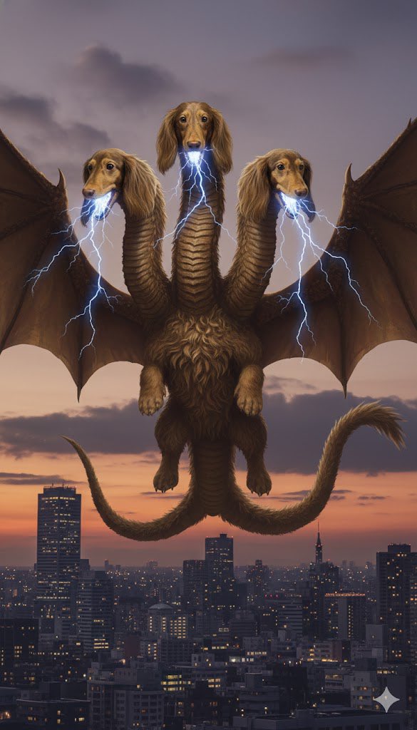 見て！！！Geminiにうちのｲｯﾇの写真使ってキングギドラ作ってもろてん