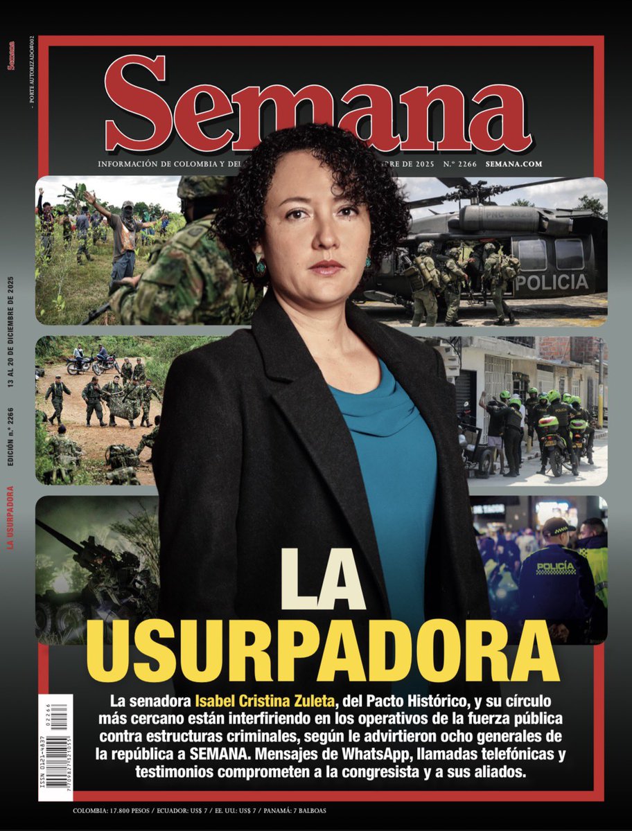 🛑 Grave denuncia de hoy de la <a href="/RevistaSemana/">Revista Semana</a> .

Ocho generales del Ejército y la Policía encendieron una alarma gravísima. Denuncian que la senadora del Pacto Histórico, Isabel Cristina Zuleta <a href="/ISAZULETA/">Isabel Zuleta</a> , habría interferido directamente en operaciones de la Fuerza Pública