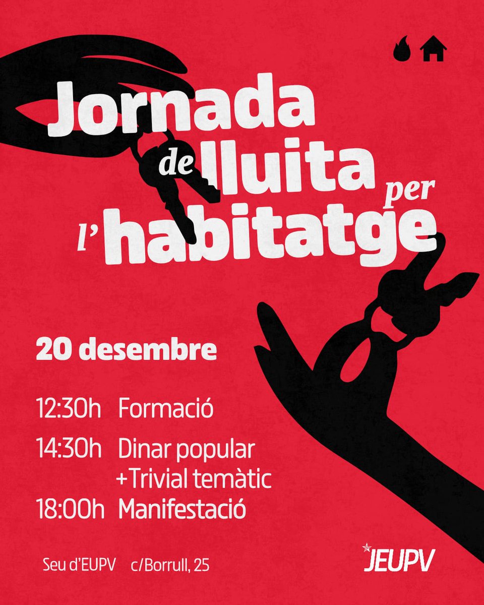 🔴 20 Desembre: Jornada de lluita per l'habitatge

Compartim formació, germanor i manifestació per l'habitatge convocada per #JuntesXHabitatge

🔥 Cada barri una trinxera, basta d'especulació!
