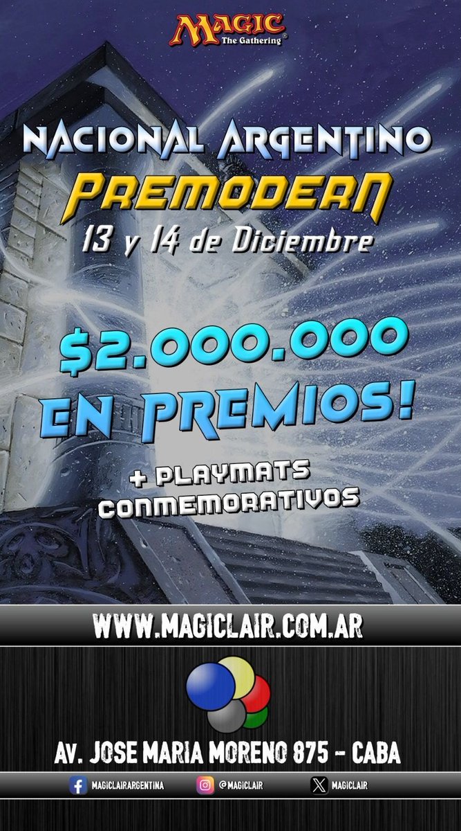 The 2025 🇦🇷 Argentine National Premodern Championship starts in two hours, live streamed on <a href="/MagicLair/">Magic Lair</a> YouTube channel with commentarys from the great streamer <a href="/AndyBluemyr/">Blue_Robot ( andy monsalve)</a>! Let's go! <a href="/premodernmagic/">Premodern Magic</a> #premodernmtg <a href="/MadridPremodern/">Madrid Premodern</a> <a href="/labandamonored/">La Banda del Monored</a> <a href="/MoxTutorIA/">Mox Tutor</a> <a href="/PremodernUy/">Premodern_Uruguay</a> <a href="/focomtg/">Foco 💡 ⚪⚫</a>