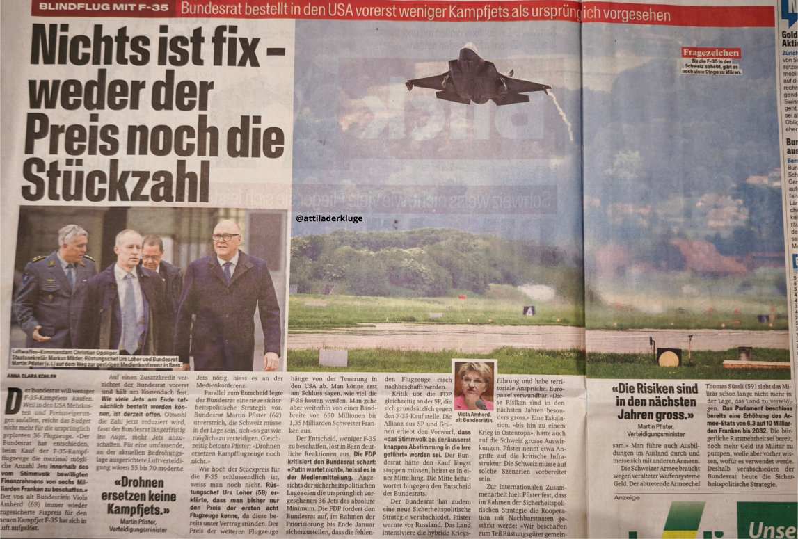 Das Farce  um den neuen F-35 Kampfjet nimmt kein Ende.

Wir kennen diese absurde Story alle: Das VBS macht einen Deal mit den USA, 36 F-35 Kampfjets zum Fixpreis von 6 Milliarden Franken zu kaufen. Die Amis bestehen später aber darauf, dass dieser vertraglich vereinbarte Fixpreis
