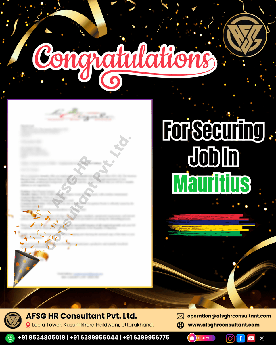 ✨ Congratulations For Securing Job In Mauritius! 🇲🇺
📩 Looking for your dream job abroad?
DM us or contact today — exciting international opportunities await!
📞 +91 8534805018 | +91 6399956044 | +91 6399956775
📧 operation@afsghrconsultant.com
🌐 afsghrconsultant.com