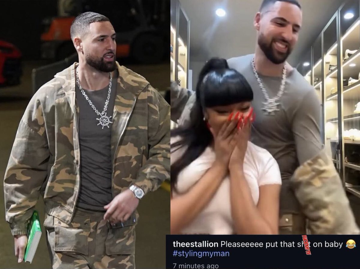 HBM__tv's tweet photo. Megan Thee Stallion styling Klay Thompson, in an effort, to give him a more Urban look👀 https://t.co/AKXo0Po0su