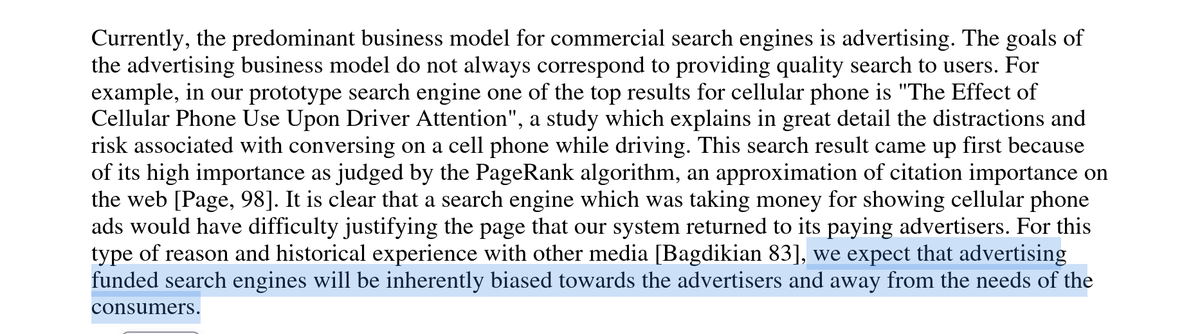 upbqdn's tweet photo. The authors of Google, in their founding paper from 1998: " [...], we expect that advertising funded search engines will be inherently biased towards the advertisers and away from the needs of the consumers."

https://t.co/b56NL6DjvF https://t.co/5XuAgnsi7G