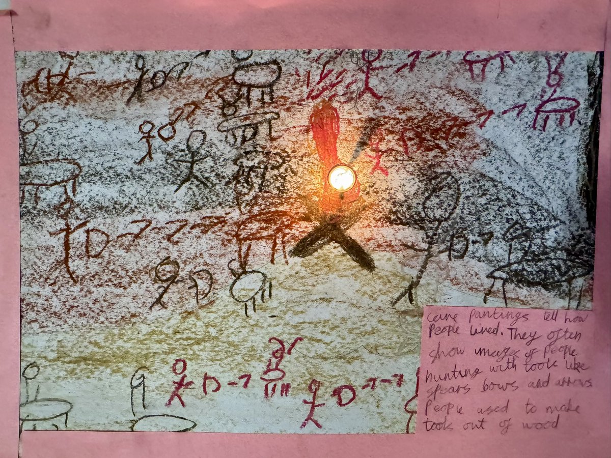 Year 3 have created illuminated cave drawings for their Stone Age topic — and they look amazing! 🔥🪨