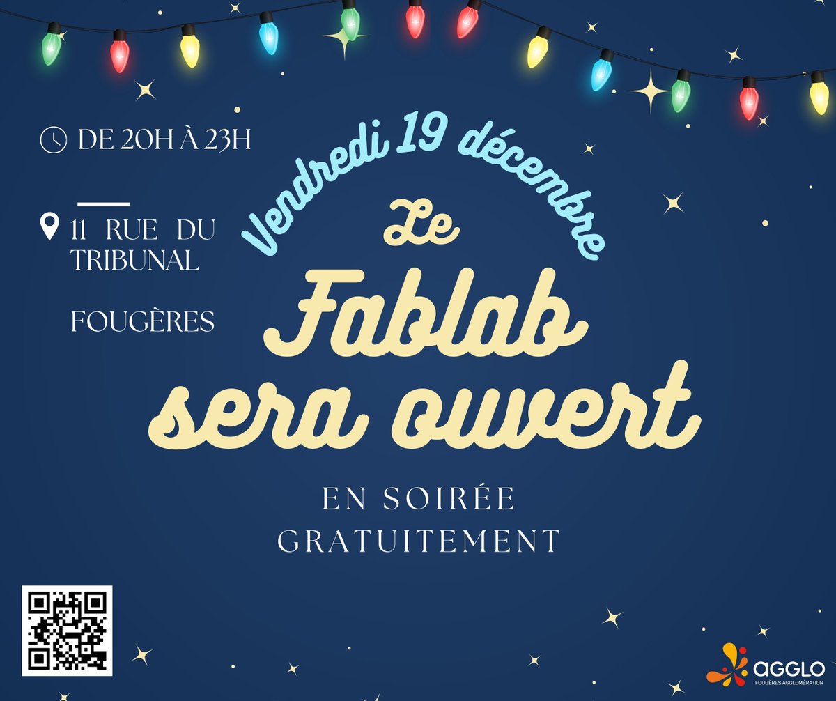 FougeresLab's tweet photo. Avant notre fermeture hivernale, prévue du 23 décembre au 2 janvier, nous vous proposons une ouverture supplémentaire le vendredi 19 décembre de 20h à 23h pour vous permettre de découvrir le fablab ou de terminer vos projets à temps avant le jour de Noël ☃️ https://t.co/IRCD8GwssL