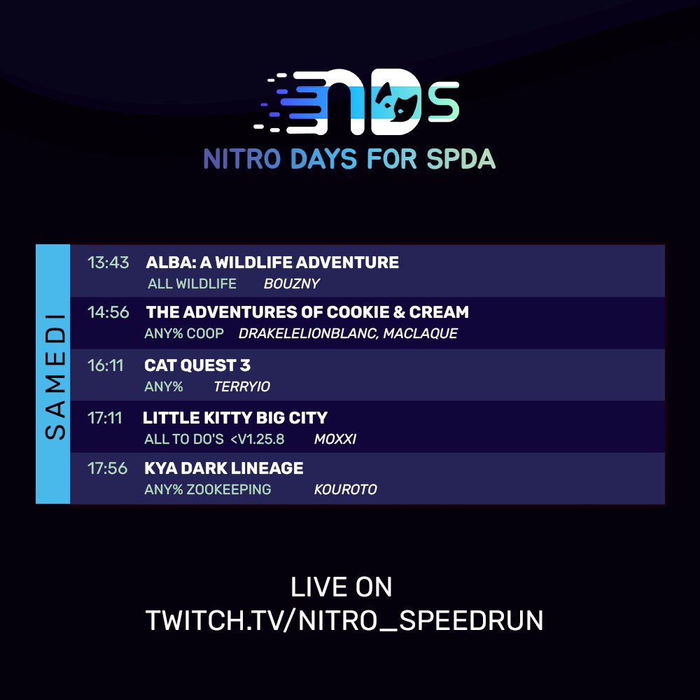 La matinée fut bonne ? On espère que ça vous a plu ! 
Voici la suite du programme pour l'après-midi : des animaux mignons, de la coop, et des chats 🐱

On vous attend sur Twitch pour soutenir nos runneurs.euses ! 

🔗 en bio !