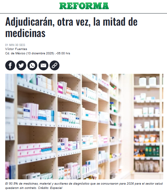 🗳📌 FALLA LA COMPRA DE MEDICINAS PARA 2026

La compra consolidada de medicamentos para 2026 volvió a fracasar de acuerdo con <a href="/Reforma/">REFORMA</a>. 

Y es que Birmex no logró adjudicar más de la mitad de los insumos licitados para el sector salud. 

De 2,029 claves, 1,026 quedaron desiertas.