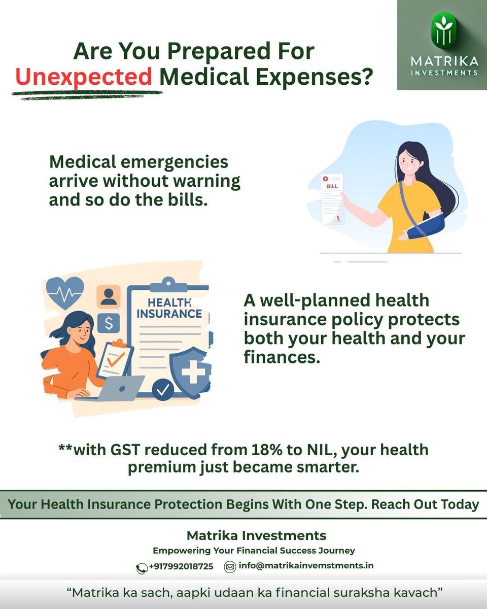 MatrikaInvest's tweet image. When health risks are unpredictable, your cover must be reliable.
Choose clarity. Choose security. Choose Matrika Investments.

#healthinsuranceforall #smartplanning #secureyourfuture #planwithpurpose #financialplanning #financialtips #matrikainvestments #protectwhatmatters