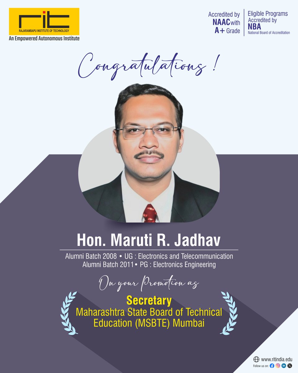 ritindia1983's tweet photo. 🎉 Heartiest Congratulations! 🎉

Rajarambapu Institute of Technology (RIT) congratulates Hon. Maruti R. Jadhav on his promotion as Secretary, Maharashtra State Board of Technical Education (MSBTE), Mumbai. He is Proud Alumnus of RIT 🌟

#Congratulations #MSBTE #Leadership https://t.co/7bcBdlgR3z