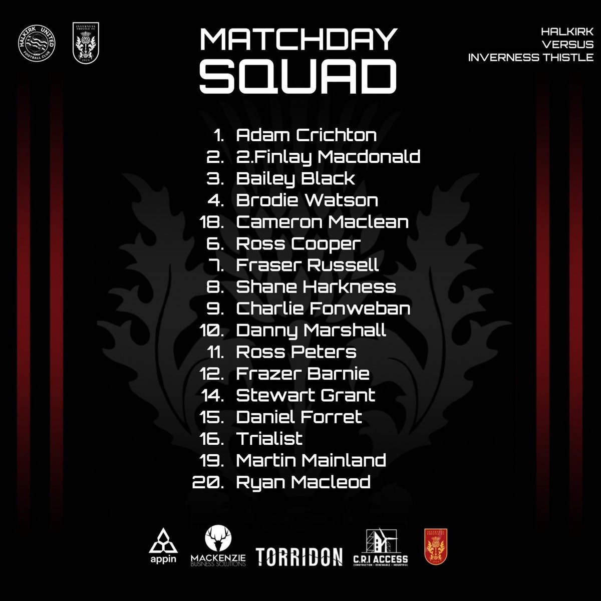 🔴⚫️ MATCHDAY SQUAD ⚫️🔴

The squad for today’s game against Halkirk United is locked in. 

#02BAJGY