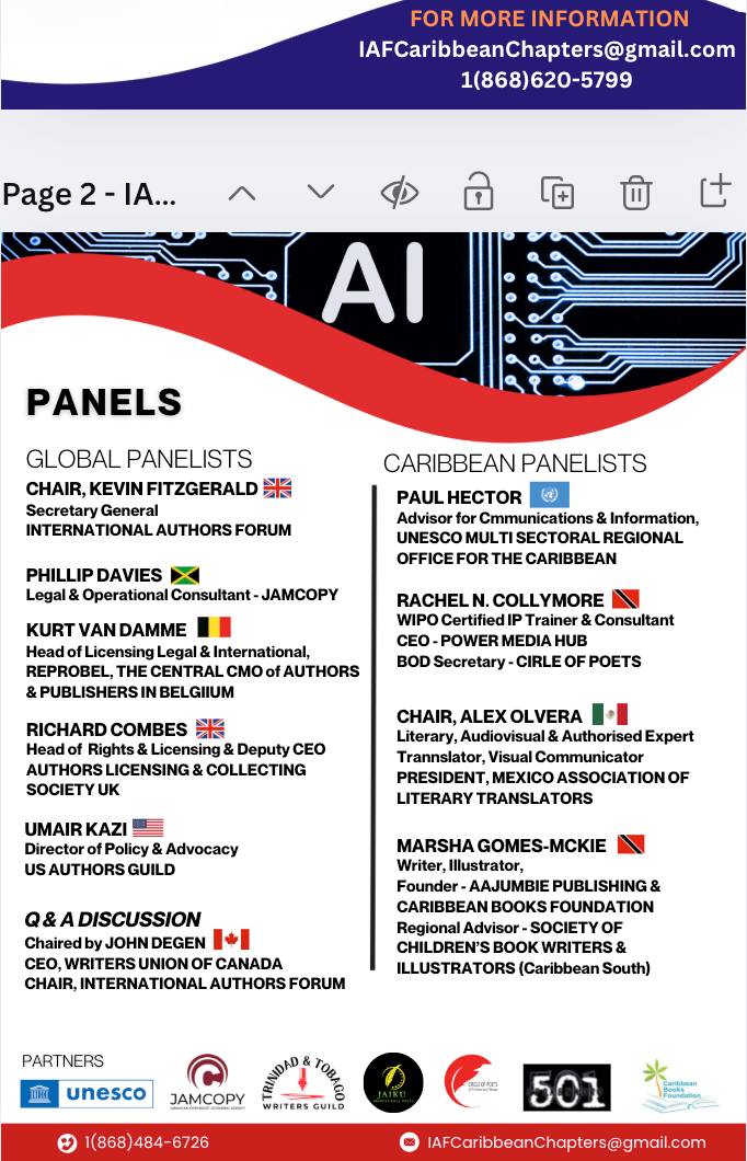 TTWritersGuild's tweet photo. Thank you to facilitators, the over 120 attendees &amp; partners for making this webinar such an information right and insightful session.
Click YouTube link to recap>>> #AuthorRights in the Age of #ArtificialIntelligence 
https://t.co/ovGtgG416A
#TTWritersGuild #IntAuthorsForum https://t.co/01Pbg9c3cn