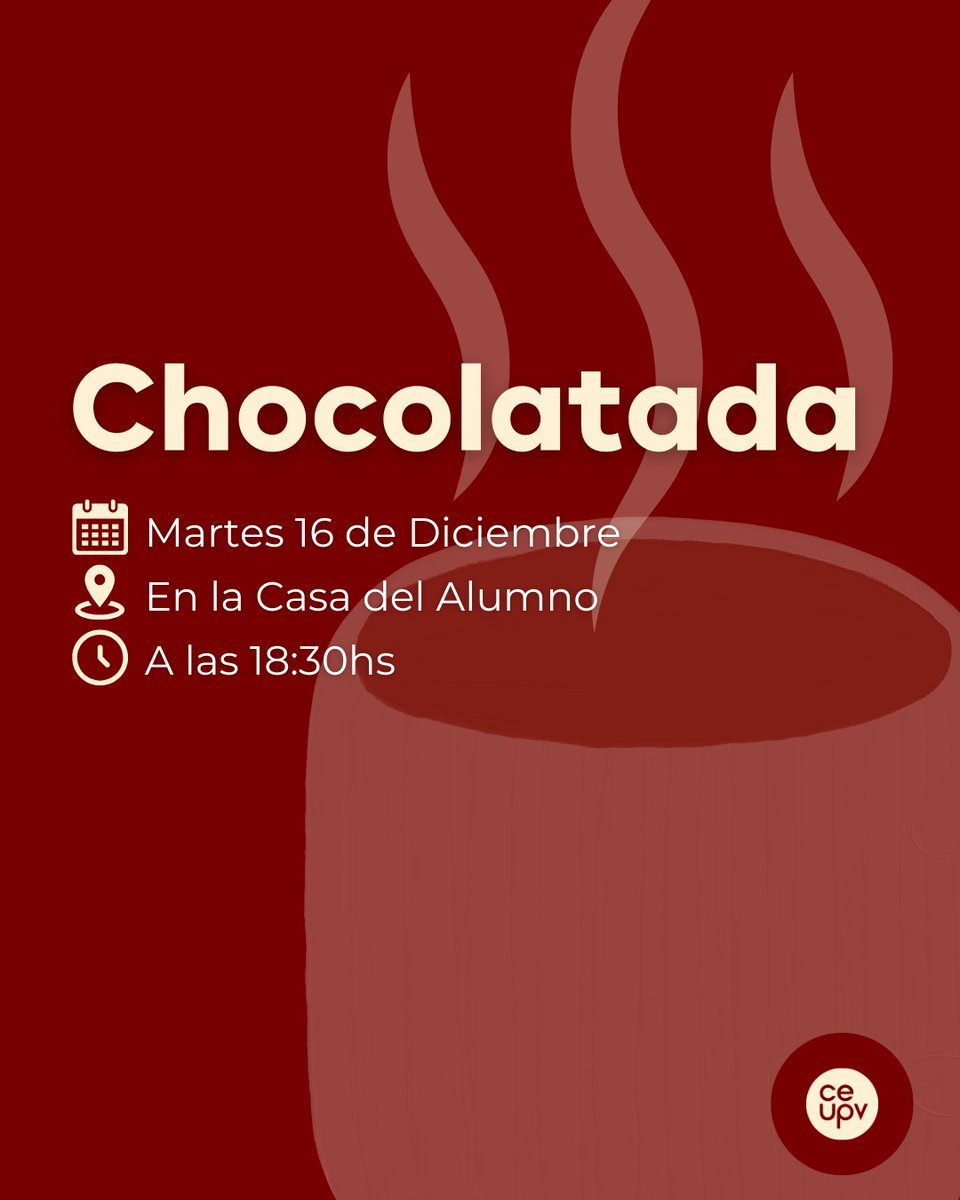 Cerramos el año con una chocolatada 🎉
📍Planta baja de la CALUM
🕒 18:30
🗓️ Martes 16 de diciembre
