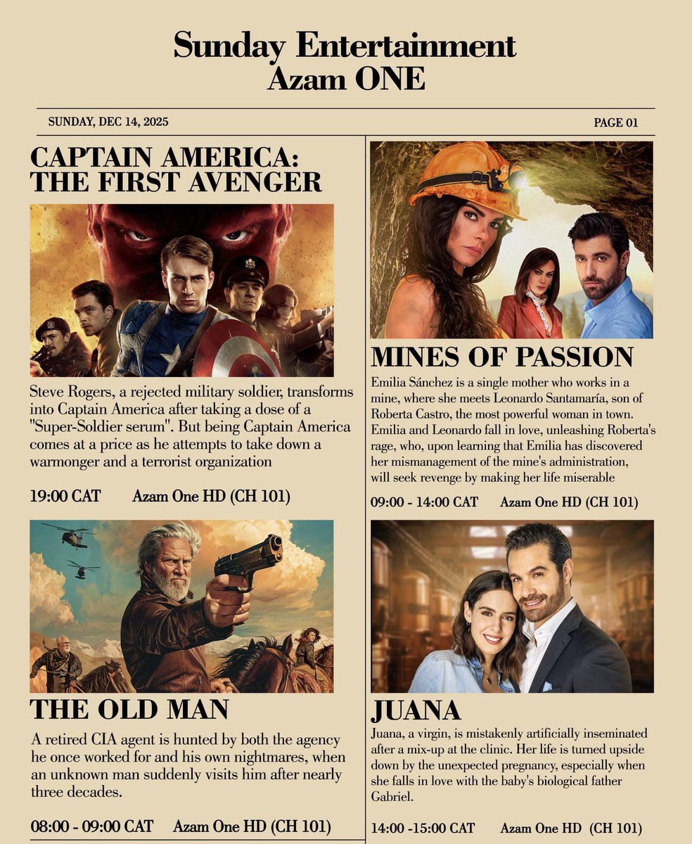 azamtvtz's tweet image. GAZETI LA BURUDANI AZAM ONE JUMAPILI HII 🙌🏽🔥🍿🥤

Saa 3:00 asubuhi - Saa 4:00 asubuhi ni Marudio ya #TheOldMan 

Saa 4:00 asubuhi - Saa 9:00 Alasiri ni marudio ya #MinesOfPassion

Saa 9:00 alasiri hadi Saa 10:00 jioni ni marudio ya #JUANA 

Saa 2:00 usiku ni filamu kali ya