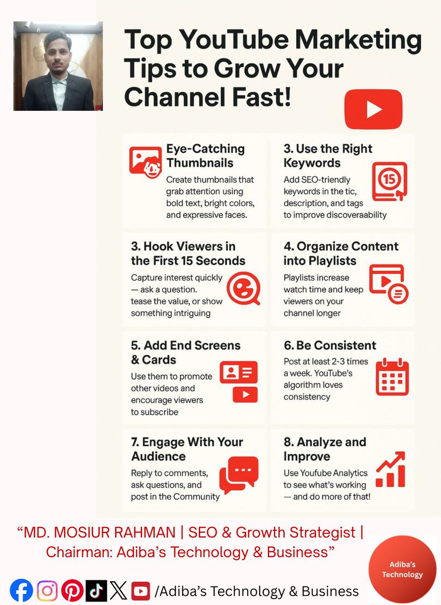 adibatechnology's tweet photo. Top YouTube Growth Tips 🚀Growth = strategy, not luck.
Use SEO tools, strong titles, a hook in the first 15s, bold thumbnails &amp; Shorts for reach. Engage fast, stay consistent.

Consistency > Perfection.
@MosiurMmr 

#YouTubeGrowth #VideoSEO #YouTubeMarketing
#SEOMosiurMmr https://t.co/7R2n18u8mE