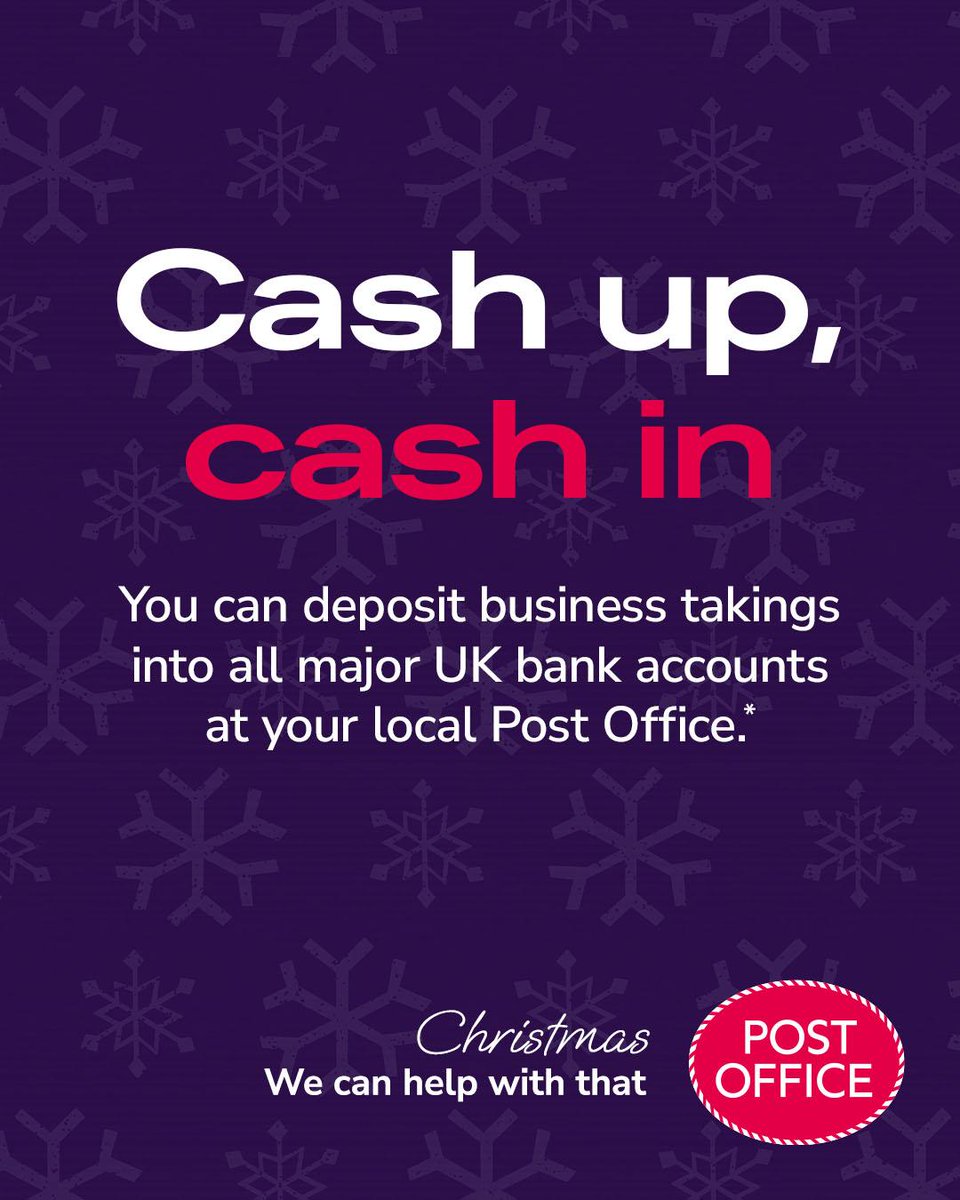 CheadlePO's tweet photo. Got business takings to deposit? We’re here to help – pop into our branch and cash in with ease this festive season! 🎅

* Some banks may charge for selected services, please speak to your bank for details. Withdrawals dependent on account balance and daily limits. https://t.co/CLIlNSHl2l