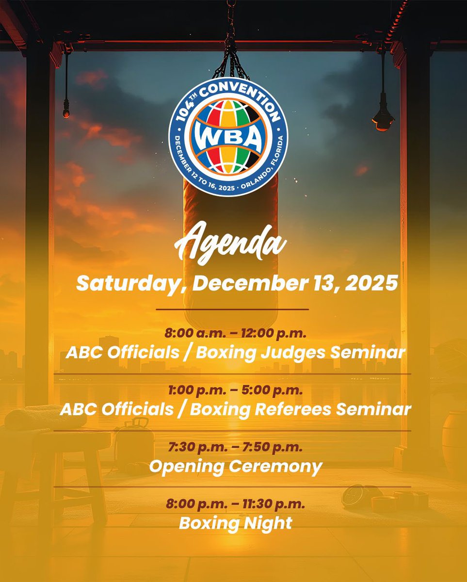 Today marks the first working day of the WBA 104th Convention. We kick off a major event in Orlando 🇺🇸🥊

Stay tuned to all our social media platforms so you don’t miss a single detail.

#WBA #WBAConvention #WBA104 #Boxing #Boxeo