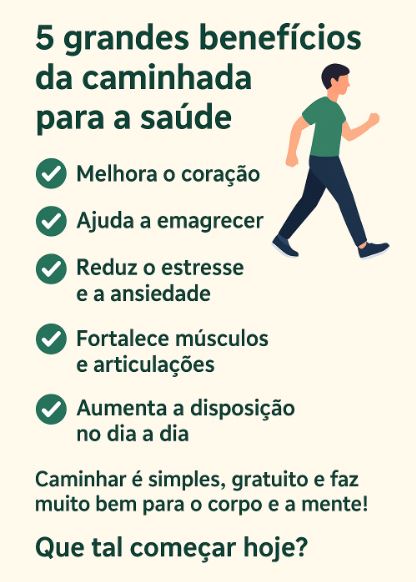 supleemagrecer's tweet photo. 🚶‍♂️ 5 grandes benefícios da caminhada para a saúde 💚
✅ Melhora o coração
✅ Ajuda a emagrecer
✅ Reduz o estresse e a ansiedade
✅ Fortalece músculos e articulações
✅ Aumenta a disposição no dia a dia
✨ Caminhar é simples, gratuito e faz muito bem para o corpo e a mente! https://t.co/X4QMURzkVk