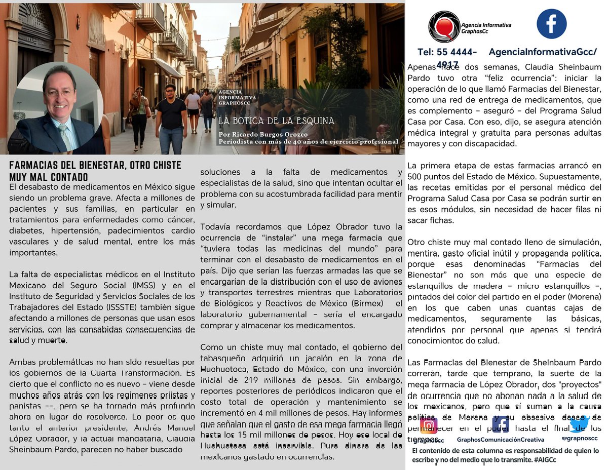 #GraphosCc #Noticias #BarradeOpinión #Columna #LaBoticadelaEsquina | FARMACIAS DEL BIENESTAR, OTRO CHISTE MUY MAL CONTADO...Por Ricardo Burgos Orozco by #AgenciaInformativaGCc®
<a href="/burgos04/">Ricardo Burgos Orozco</a>
<a href="/Claudiashein/">Claudia Sheinbaum Pardo</a>
<a href="/GobiernoMX/">Gobierno de México</a>
facebook.com/share/p/1DSmX4…