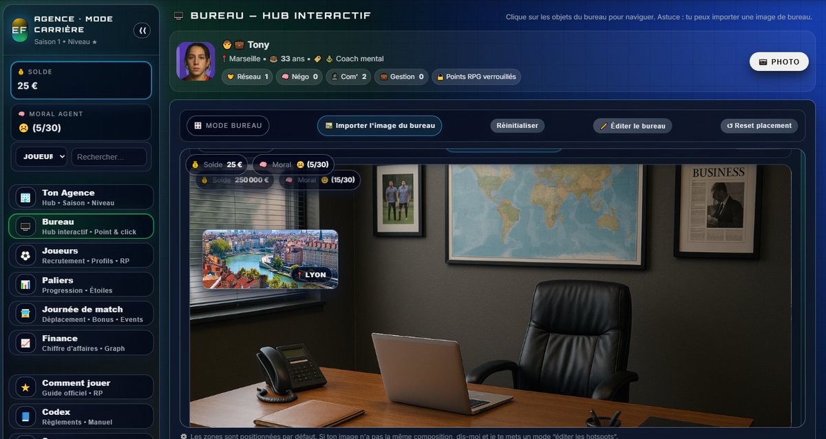 experience_fm's tweet image. 🚨 UPDATE – MODE AGENCE RP 🚨 #FM26 

🧑‍💼 Création d’agent RPG obligatoire
→ stats utiles en jeu, points verrouillés
→ photo modifiable
🏢 Bureau interactif + image personnalisable
📊 Suivi financier par saison
📘 Codex RP officiel intégré
 Que du RP.

#ExperienceFoot