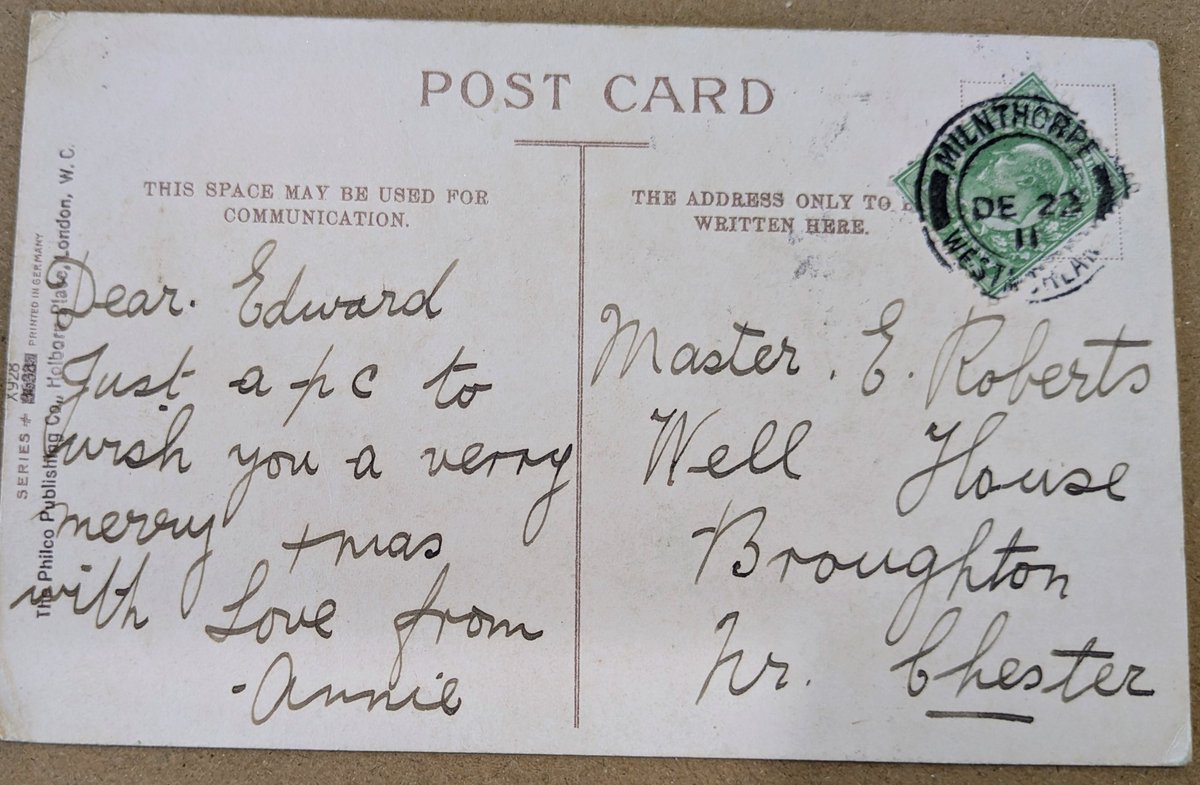 postfrombefore's tweet photo. A Christmas postcard sent to Master Edward Roberts, Well House Farm, Broughton, nr. Chester ๐
'Just a P.C. to wish you a very merry Xmas' from Annie.
Posted in 1911 from Minthorpe, & returned today
#Postcards #SocialHistory #Edwardian #Saltney #ChristmasPast https://t.co/O4O2vqjH1M