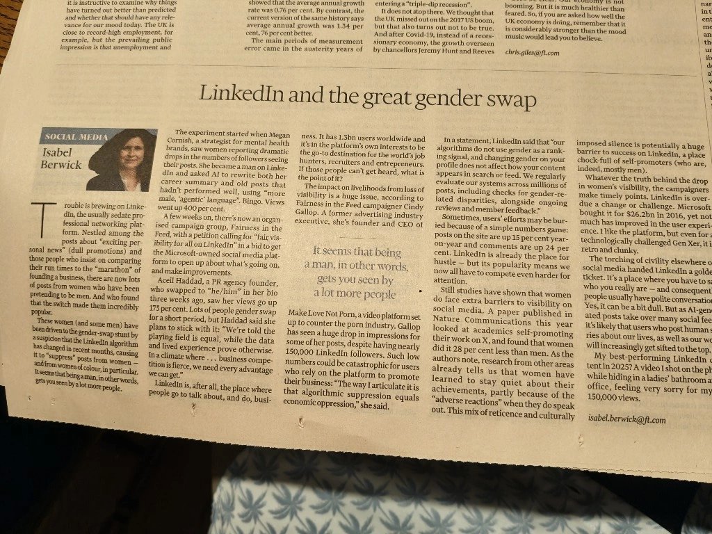 Thank you @IsabelBerwick for your <a href="/FT/">Financial Times</a> @FTWeekend op-ed today 💥'The impact on livelihoods from loss of visibility is a huge issue, according to #FairnessintheFeed campaigner Cindy Gallop...LinkedIn is overdue a change or challenge.'
ft.com/content/7a20ee…