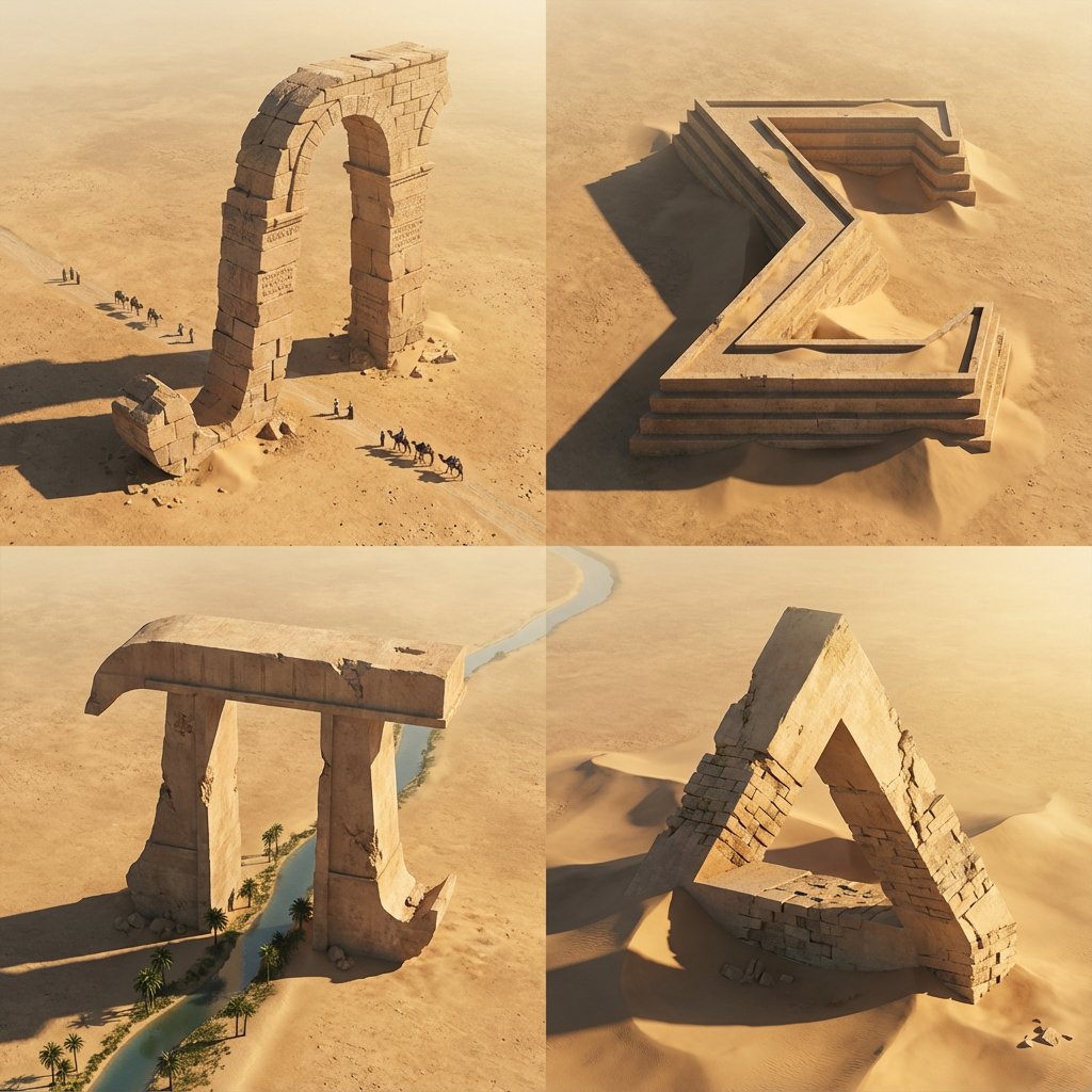 Lovart prompt result: Exploring Monumental Math Ruins in a Desert Grid