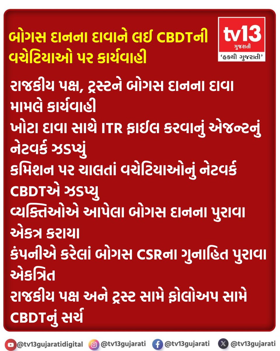 tv13gujarati's tweet image. બોગસ દાનના દાવાને લઈ CBDTની વચેટિયાઓ પર કાર્યવાહી
#Bogusdonationcase #CBDT #ITR