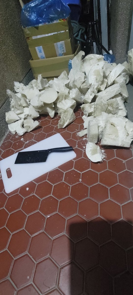 Foam Bondage Cleanup: Dealing with Those Used PU Cuffs – Real Example! 
I have to reduce the size of it before disposal.
Ugh, cutting this stuff up? It sticks to the knife ... And inside, there's these tough, unbreakable structures that just won't snap easily. Worst part? It