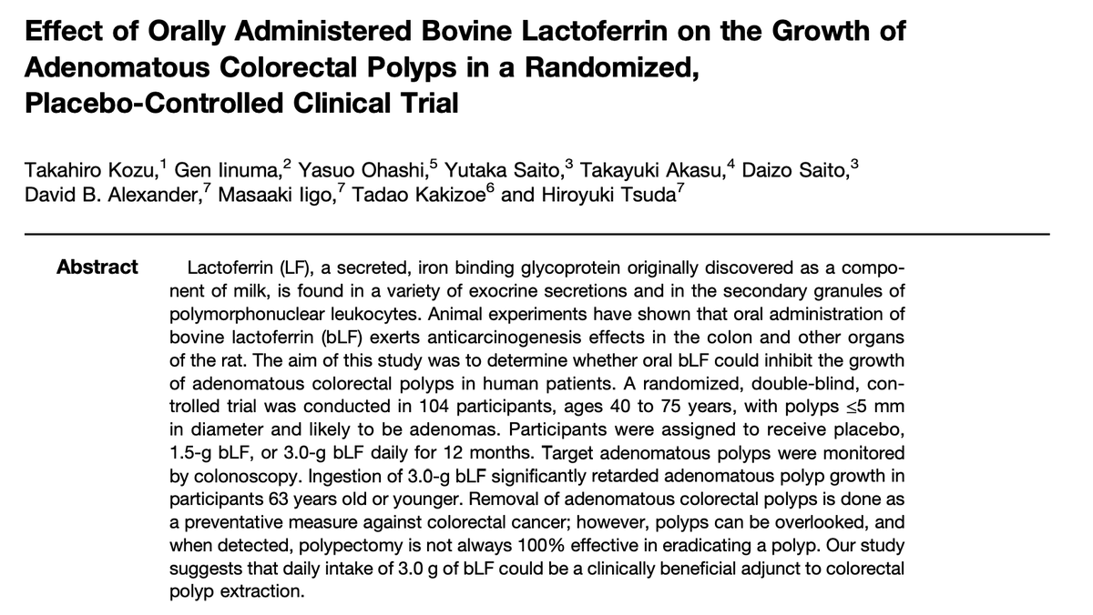 Lactoferrin stalls growth of precancerous colon areas. [study]

The formation of colorectal polyps is a major risk for developing colon cancer down the line.

Lactoferrin at 3 grams per day was able to shrink them, while they grew when taking placebo.

This was related to its