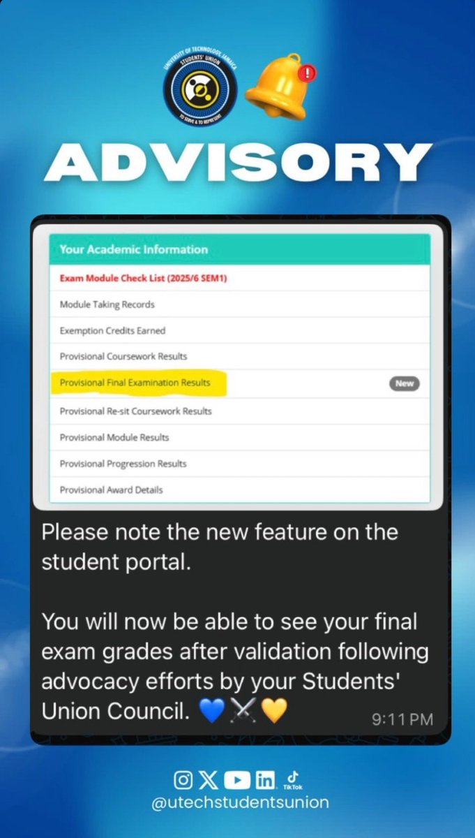 UTStudentsUnion's tweet photo. Knights, we have more good news for you! 💙⚔️💛
#Advocacy #UTech #USU2025 https://t.co/ZQ81Nz6eck