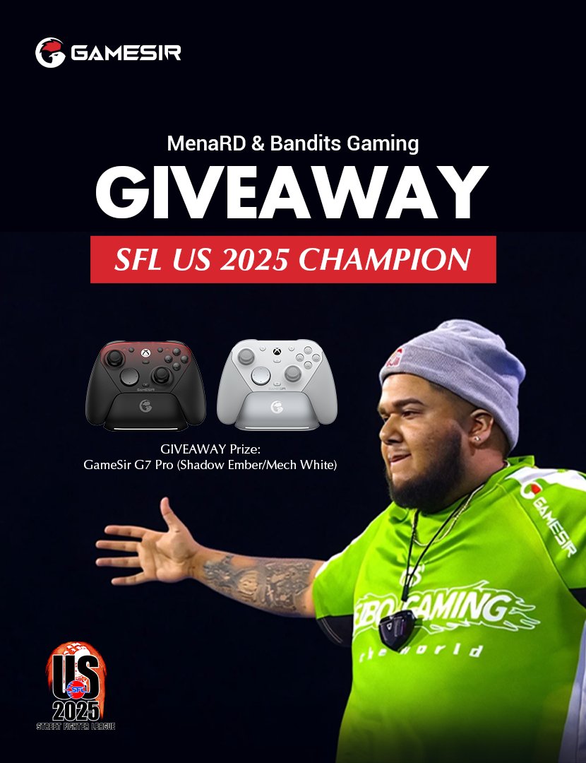 🏆G7 Pro GIVEAWAY for Our #SFLUS2025 Champion! Like, Follow &amp; RT to join.

🐂Legends can never be slain. Huge congratulations to GameSir Brand Ambassador <a href="/_MenaRD__/">WBG MenaRD🇩🇴(最強)</a>  and his team <a href="/banditsgaming_/">Bandits 🥷</a>  for crushing the competition and securing the Street Fighter League Pro-US 2025