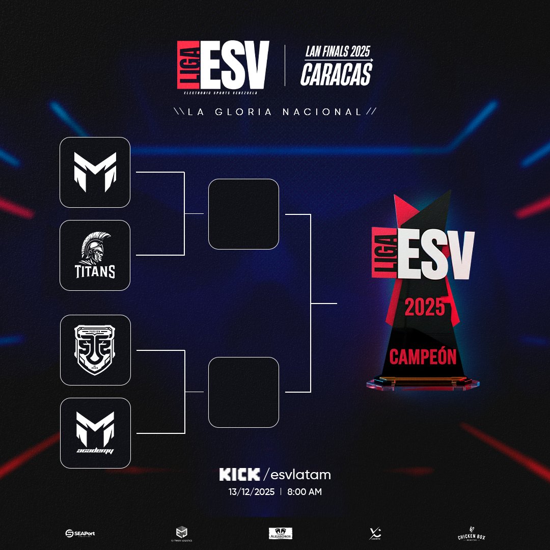 Hoy inicia el camino hacia la gloria.

Las LAN Finals 2025 comienzan en Caracas y solo uno levantará el trofeo de la LIGA ESV.
Cuatro equipos. Eliminación directa. Un campeón nacional.

📅 Hoy
⏰ 10:00 AM
📺 kick.com/esvlatam

Que empiece la batalla.