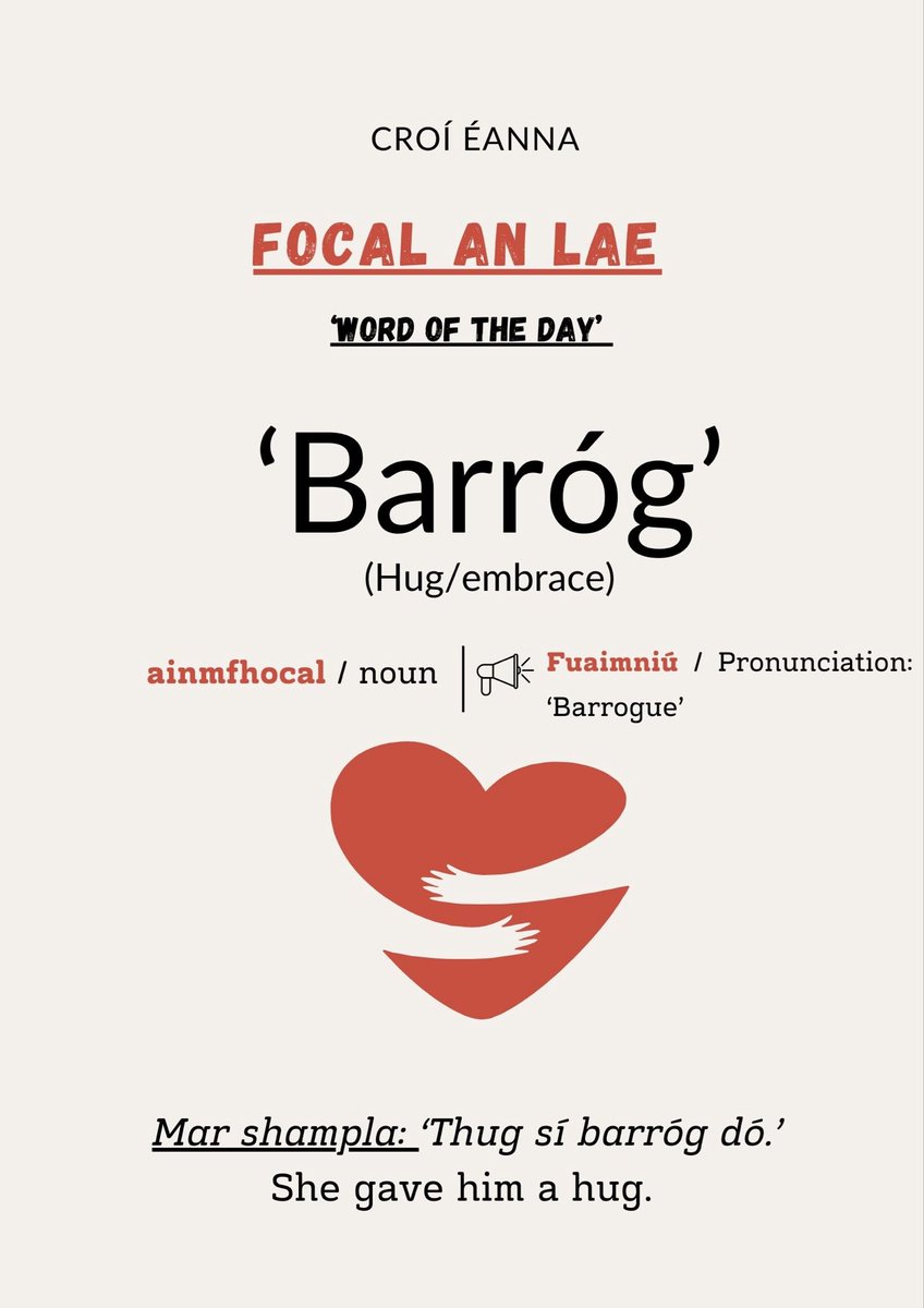 ✏️FOCAL AN LAE✏️
      Word of the day 

Tapaígí an deis chun focail agus frásaí nua a fhoghlaim linn! 

Take the chance to learn new words / phrases! 🙌

Focal an lae inniu: Barróg 

Today’s word:  A hug  

Ar aghaidh libh 🙌