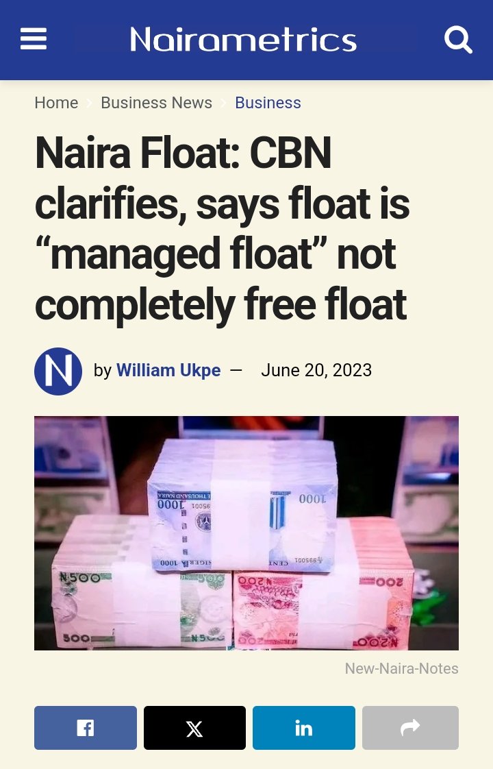 DanielWhalee's tweet photo. This was CBN clarifying what it was doing as far back as June, 2023.
But you were too busy floating between pots of Amala, gbegiri and ewedu in your kitchen, to follow the news.
It's not too late you can still read up on a "managed float" is. https://t.co/vFCt6z7EZA