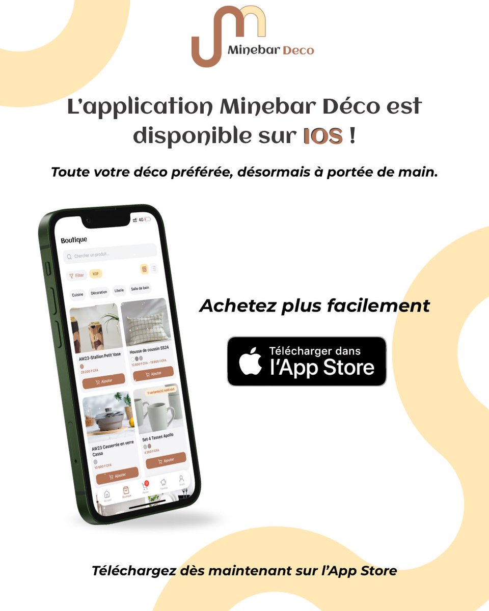 📱 C’est officiel ! L’application Minebar Déco est disponible sur iOS

Toute votre déco préférée est désormais à portée de main :
Achetez plus facilement, découvrez nos nouveautés et suivez vos commandes et votre tontine directement depuis votre iPhone.

👉🏾 Téléchargez dès