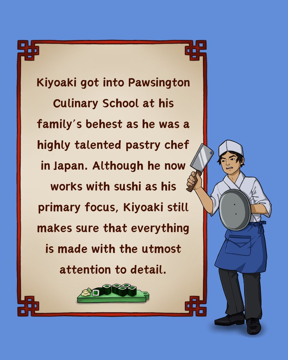 Meet the protagonist of our game Kiyoaki! 
Kiyoaki got into Pawsington Culinary School at their family’s behest as he was a highly talented pastry chef in Japan. 

#game #indiegame #indiedev  #sushi