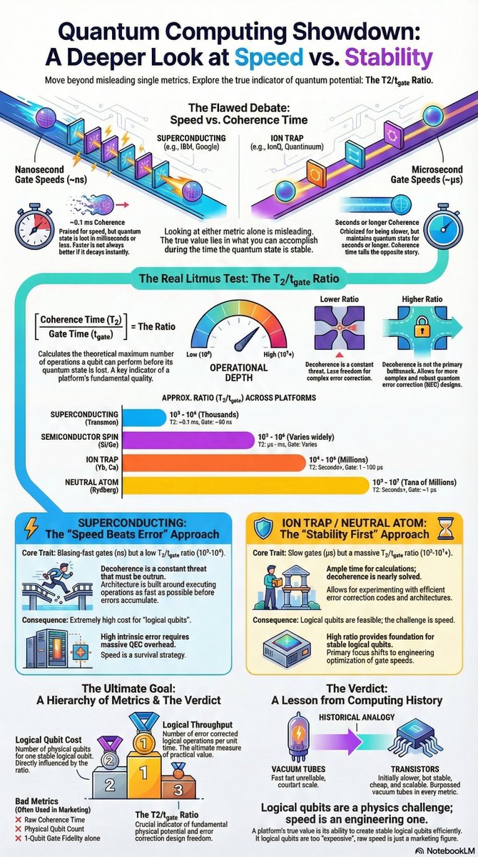 netcreat's tweet photo. https://t.co/zzPtBpSBDQ
The debate between fast #superconducting platforms and high-fidelity #trapped_ion or #Neutral_Atom platforms has persisted for years.
However, simply labeling one approach as “fast” and the other as “stable” fails to capture the true value of a quantum computer.
If gate operations are fast but the coherence time is shorter than the gate execution window, speed quickly becomes meaningless—errors dominate before useful computation can occur.
Conversely, even if coherence can be maintained for a long time, excessively slow gate operations also prevent practical performance.
To compare these fundamentally different platforms on more equal footing, this article uses the
coherence-time-to-gate-speed ratio (T₂ / t_gate) as a baseline metric.
This ratio reflects whether speed and coherence are balanced well enough to sustain meaningful computation.
By this measure, neutral-atom platforms currently exhibit the most favorable raw ratios.
However, this alone does not determine the best quantum computer.
An equally critical question is how easily and cheaply logical qubits can be constructed.
In other words, what truly matters is:
How many logical gate operations a single logical qubit can reliably execute—
including error correction—within its coherence window.
Ultimately, the quantum computers that will dominate the market are those that combine
a large coherence-to-gate ratio with a low logical-qubit cost.
If logical qubits are inexpensive and stable,
speed can be improved later through engineering, parallelization, and software optimization.
But if logical qubits remain costly and fragile,
raw gate speed becomes little more than a marketing metric, not a measure of real capability.