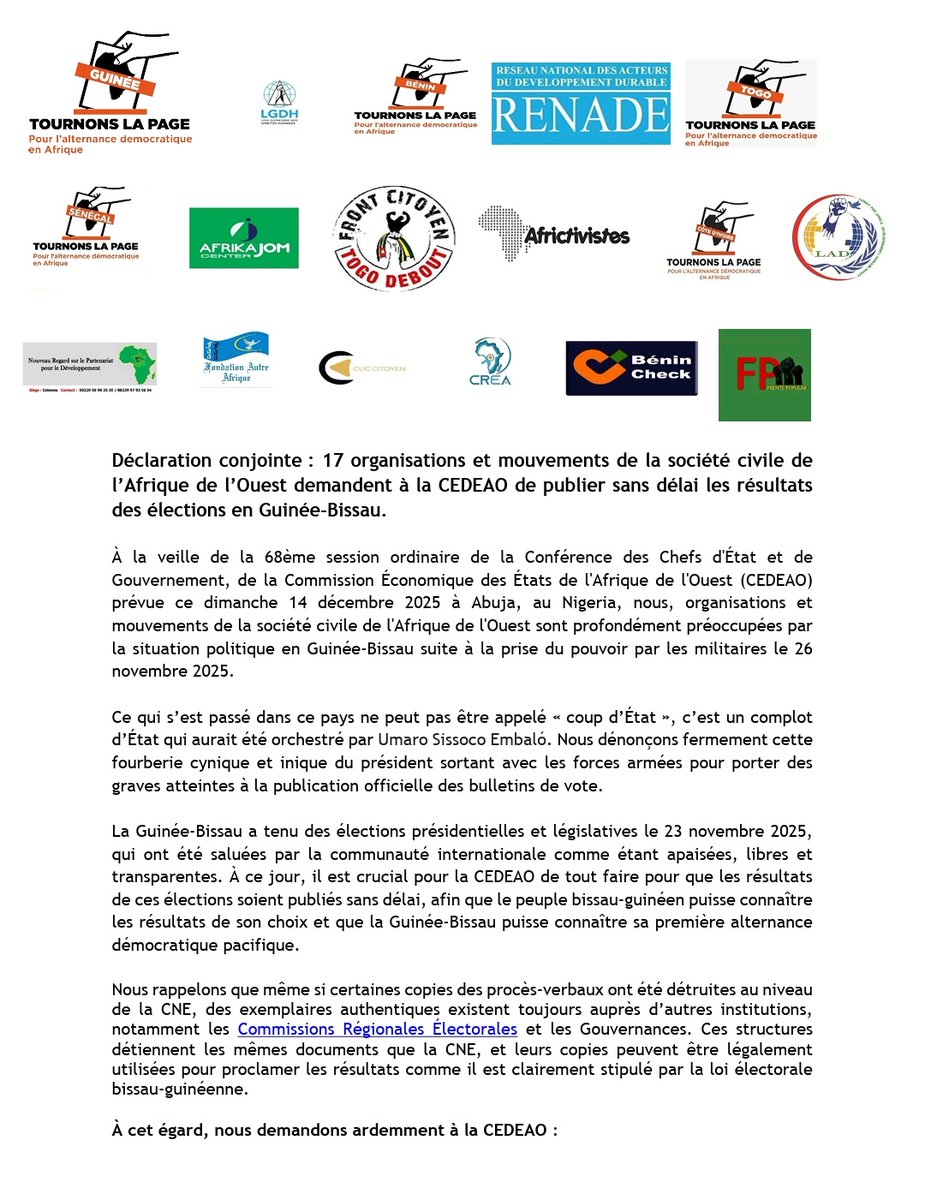 AbdouJCisse's tweet photo. Putsch militaire en #GuineeBissau: 17 organisations d’Afrique de l’Ouest exigent à la @ecowas_cedeao la publication immédiate des résultats du 23 nov. Les PV existent ! Place au verdict des urnes. #CEDEAO #StopCoup @AFRICTIVISTES @AfrikajomCenter @TournonsLaPage @fareinta ✊️👇 https://t.co/oflJjfebcK