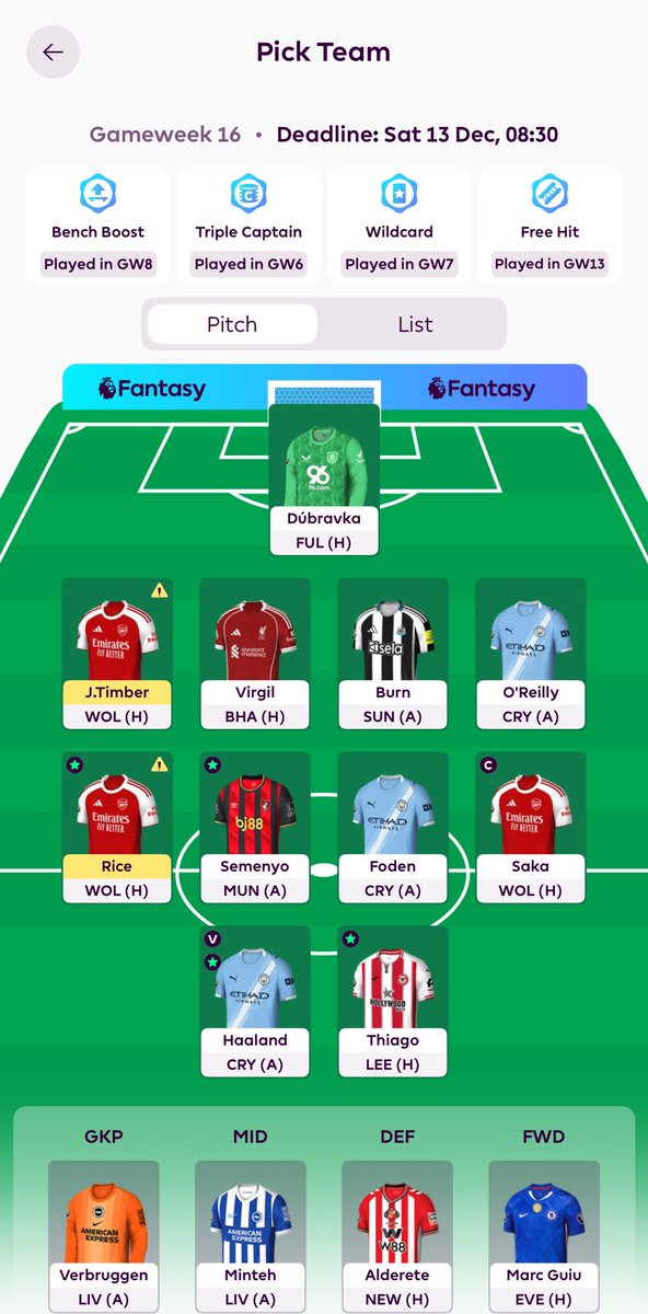 GW16🔒

All 5 FTs used

Enzo➡️Foden
Xhaka➡️Rice
Calafiori➡️O’Reilly
Mateta➡️Thiago
Woltemade➡️Guiu

Green arrow needed!

OR: 56k🌎

Good luck All🍀