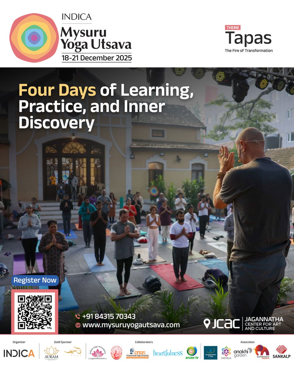 YogaIndica's tweet image. Four days of community gathering in the spirit of Yoga &amp;amp; introspection. 

Guided by 'Tapas', join us for practice &amp;amp; shared wisdom.

🗓 18–21 Dec
📍JCAC, Mysuru
🔗mysuruyogautsava.com

#MYU2025 #5daystogo #IndicaYoga #yogaretreat