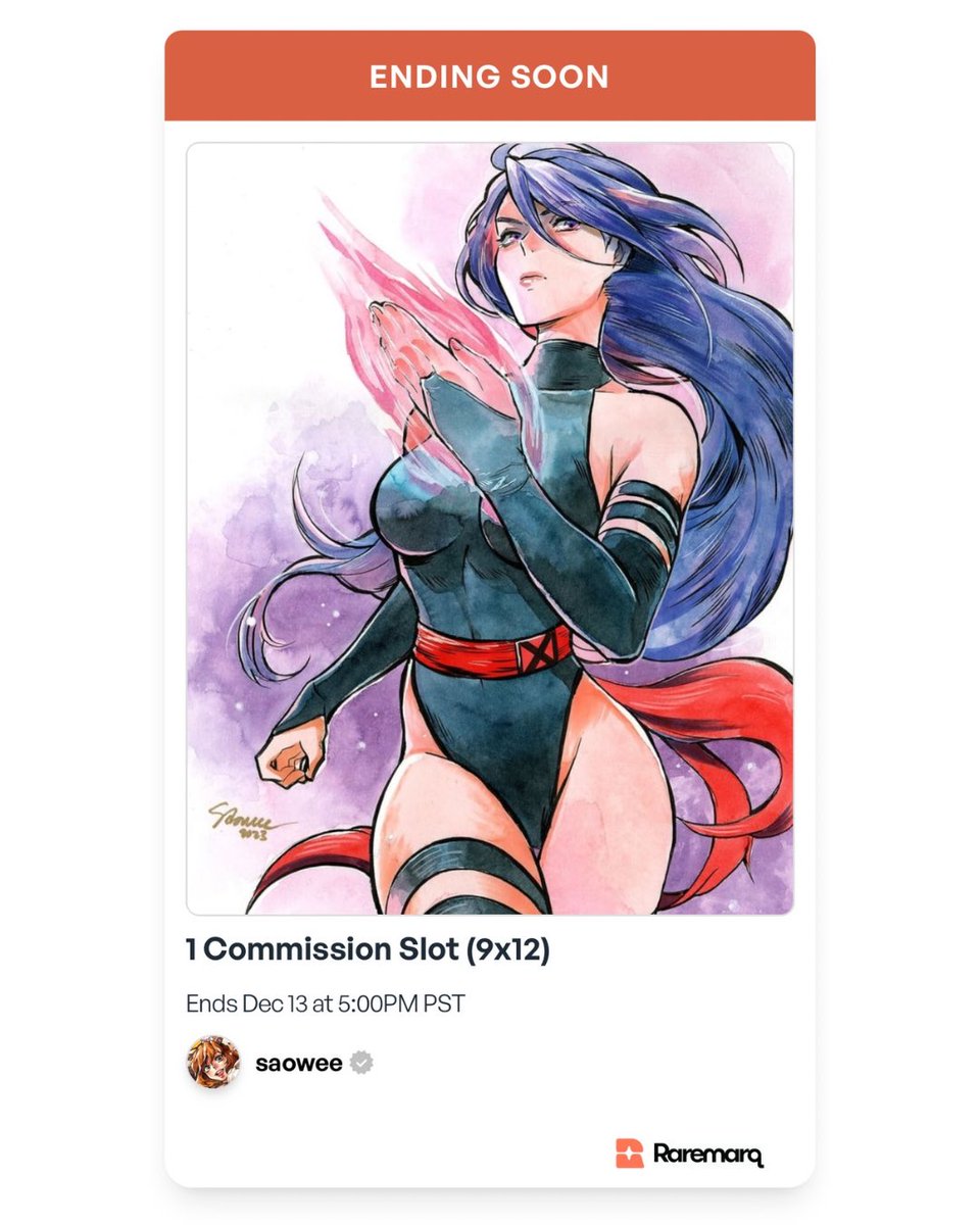raremarq's tweet photo. We’ve got a 9x12 commission slot with the incredible @_saowee ending today! The piece featured is an example of one of Sao’s stunning previous commission pieces.
https://t.co/2Rr3LweFHk
#raremarq #saowee #commissionart #originalart #auction #comicart https://t.co/REtveipdvP