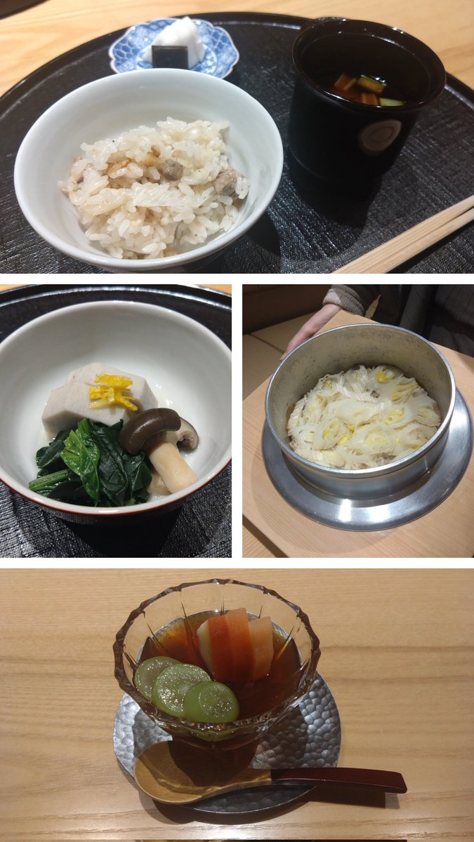 懐石料理
牡蠣と壬生菜と白菜のおひたし、鱈と白子のお吸いもの(瓢箪の汁椀がかわいい)、ぶりのお刺身、八寸、鰆の西京焼き、里芋の煮付け、鴨とネギの炊き込みご飯、赤味噌のお味噌汁、紅茶のゼリー